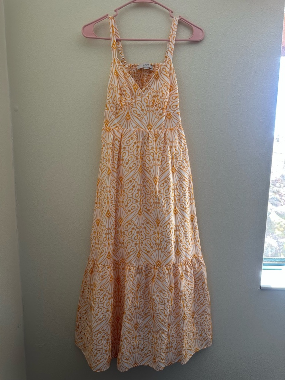 Loft Orange & White Smocked Eyelet Maxi Dress